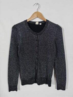 WSW1 {GAP} "Slim Crew Cardigan" Black Silver Glitter Metallic Holiday Sweater
